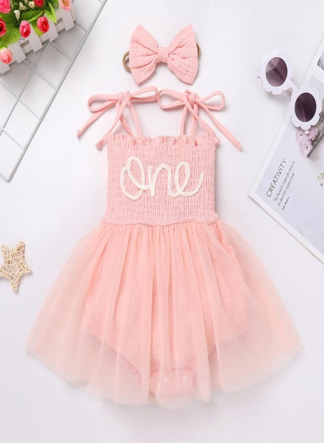 ODOLDI Baby Girls 1st Birthday Outfit Spaghetti Straps Romper Tutu Dress Headband One Year Old Party Cake Smash Photoshoot Outfits Light Pink 12-18 Months - Image 2